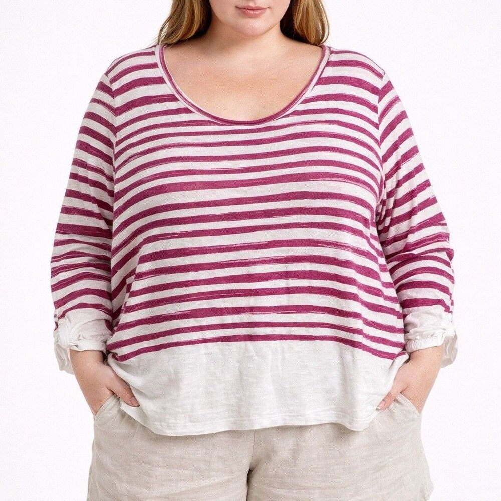 Talbots Linen Tunic Women Plus Size 3X Pink Stripe V Neck Casual Resort Cottage